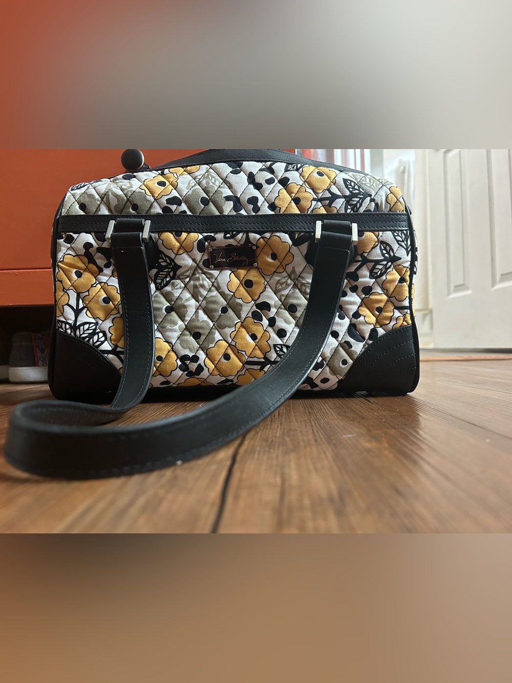 Vera Bradley Yellow Floral Quilted Tote with Black Trim